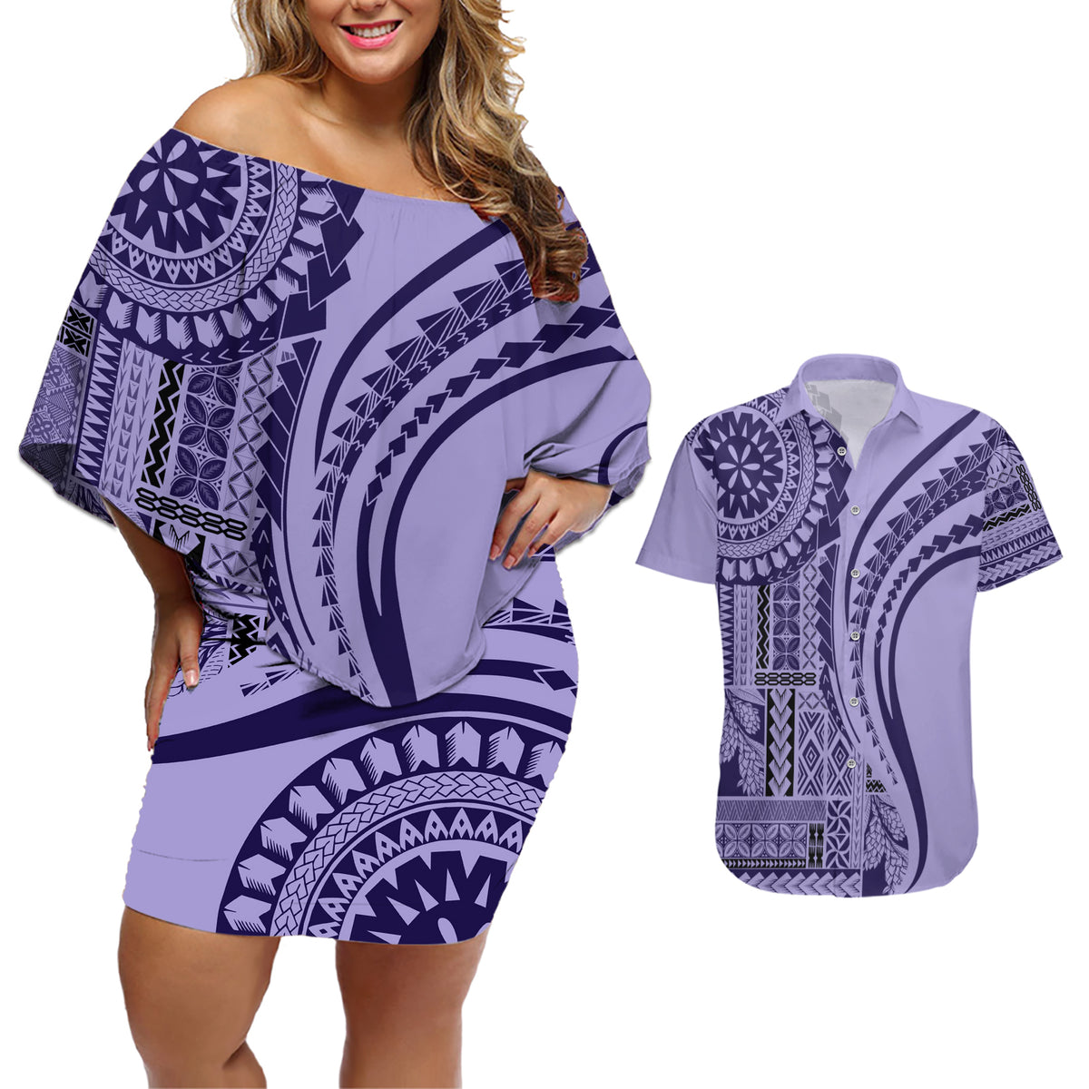 Samoa Siapo Arty Couples Matching Off Shoulder Short Dress and Hawaiian Shirt Purple Style LT9 - Wonder Print Shop