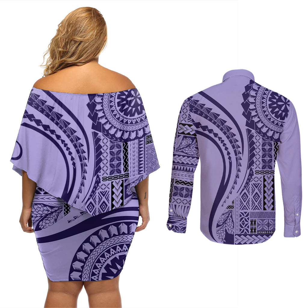 Samoa Siapo Arty Couples Matching Off Shoulder Short Dress and Long Sleeve Button Shirt Purple Style LT9 - Wonder Print Shop