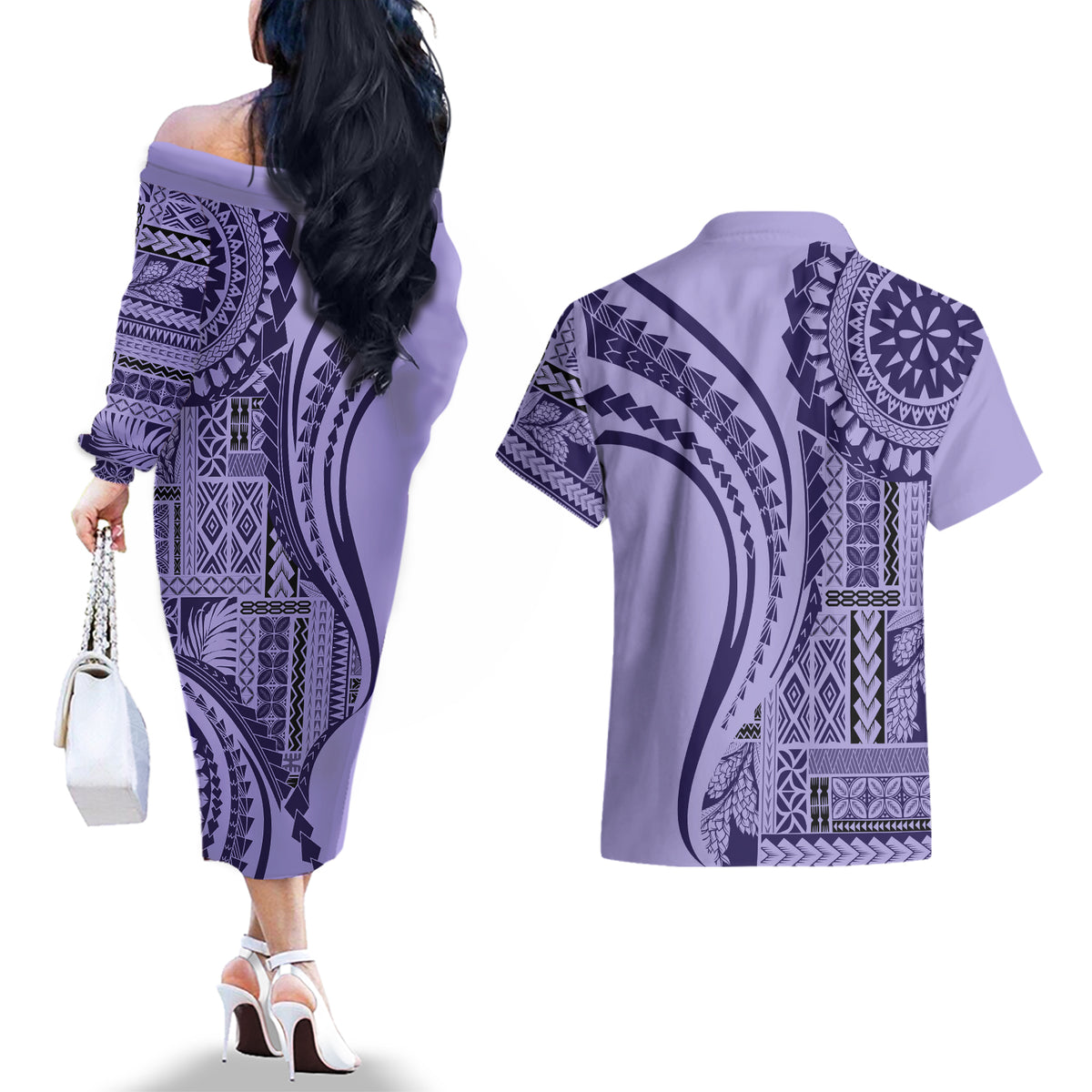 Samoa Siapo Arty Couples Matching Off The Shoulder Long Sleeve Dress and Hawaiian Shirt Purple Style LT9 - Wonder Print Shop