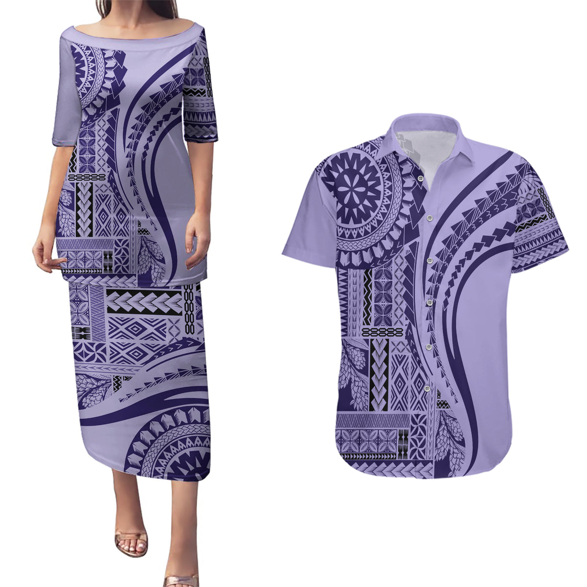 Samoa Siapo Arty Couples Matching Puletasi Dress and Hawaiian Shirt Purple Style LT9 - Wonder Print Shop