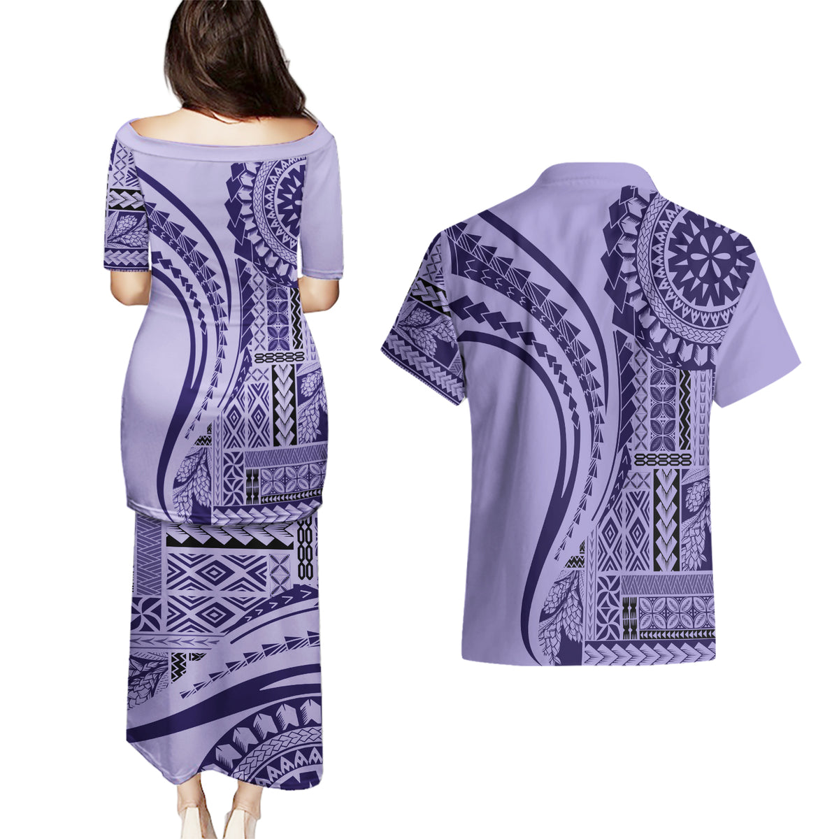 Samoa Siapo Arty Couples Matching Puletasi Dress and Hawaiian Shirt Purple Style LT9 - Wonder Print Shop