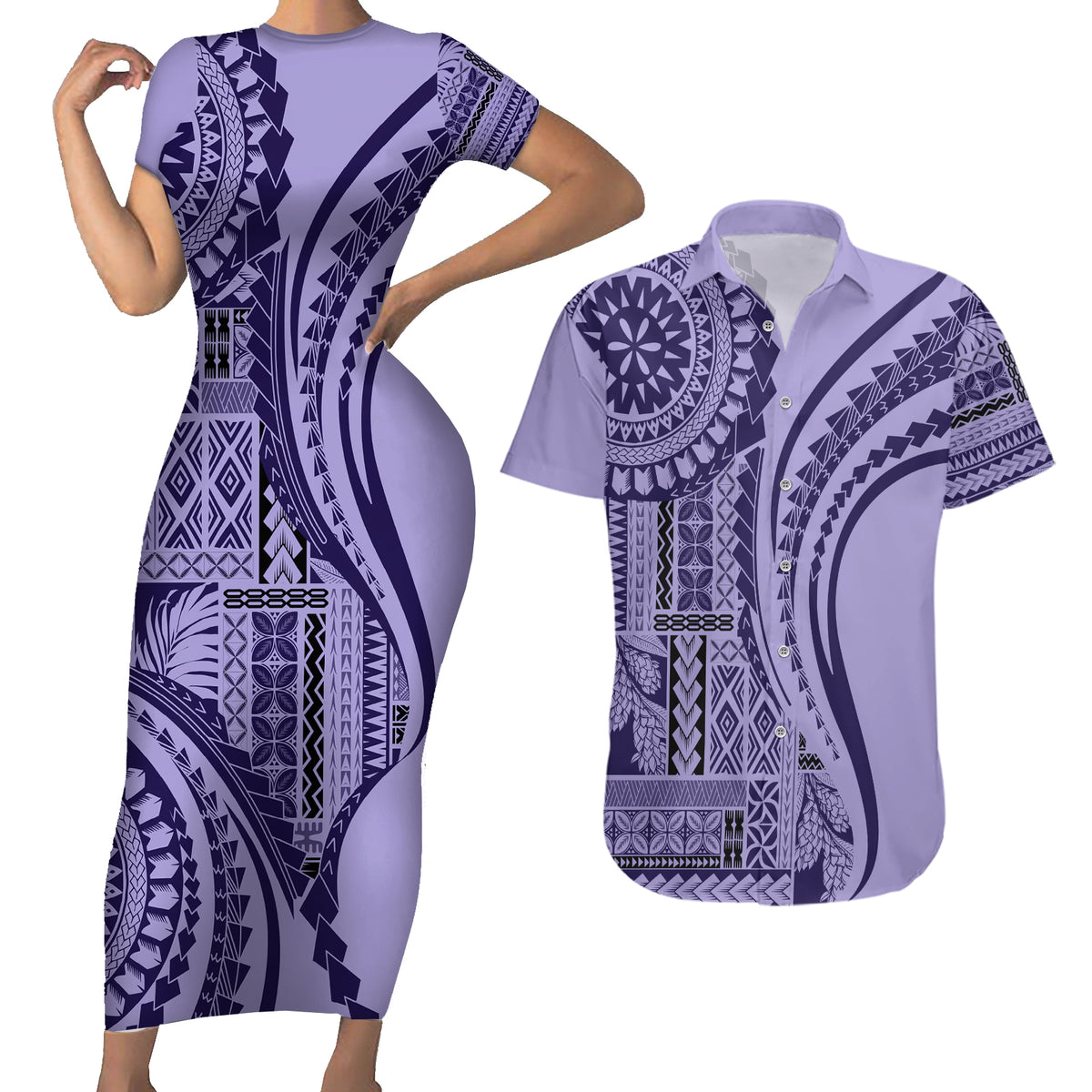 Samoa Siapo Arty Couples Matching Short Sleeve Bodycon Dress and Hawaiian Shirt Purple Style LT9 - Wonder Print Shop
