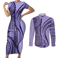 Samoa Siapo Arty Couples Matching Short Sleeve Bodycon Dress and Long Sleeve Button Shirt Purple Style LT9 - Wonder Print Shop