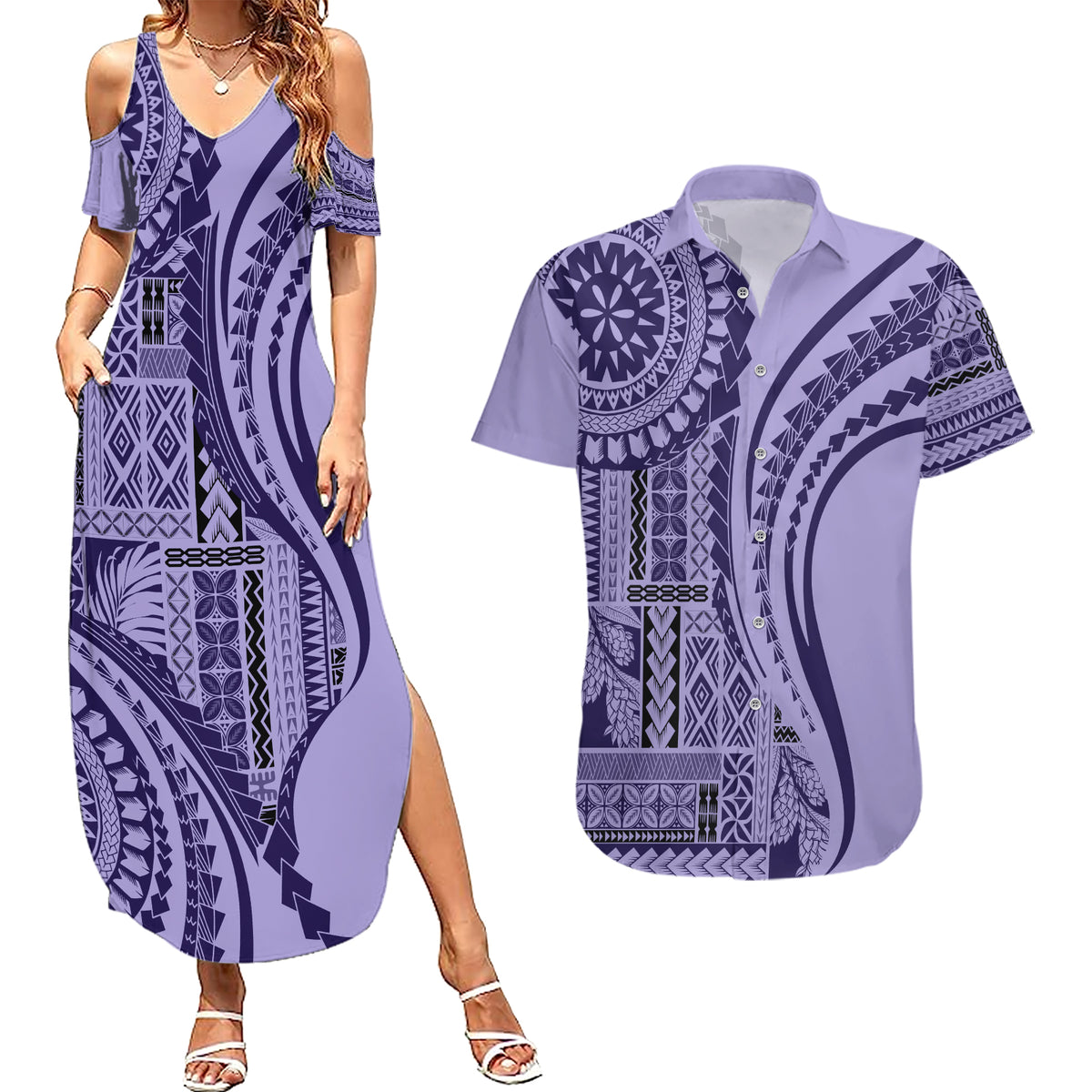 Samoa Siapo Arty Couples Matching Summer Maxi Dress and Hawaiian Shirt Purple Style LT9 - Wonder Print Shop