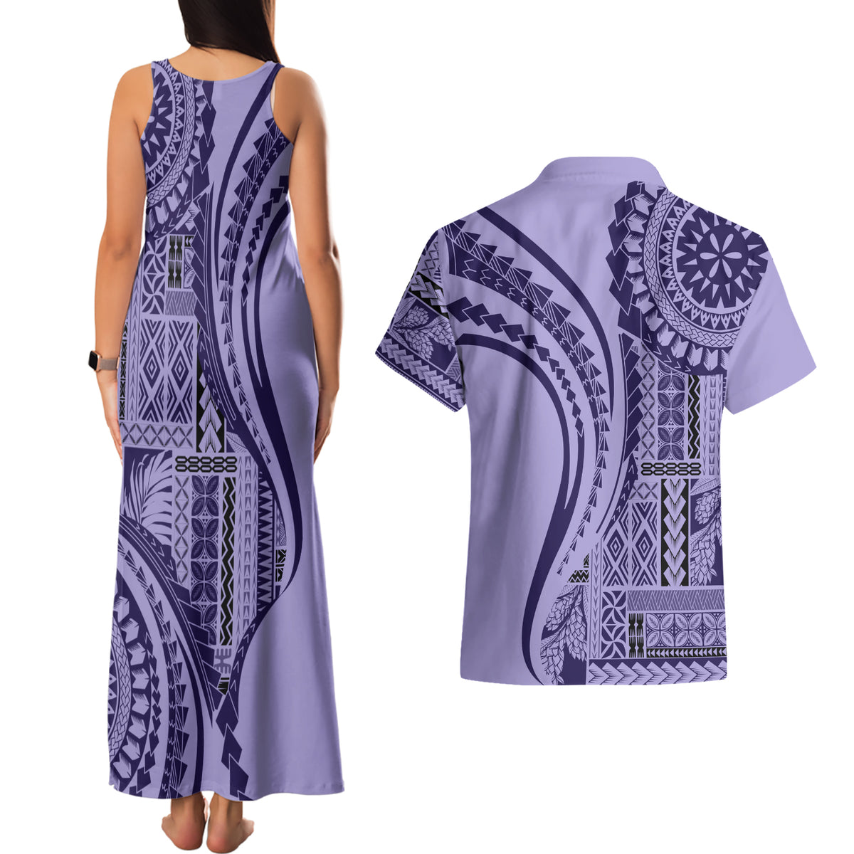 Samoa Siapo Arty Couples Matching Tank Maxi Dress and Hawaiian Shirt Purple Style LT9 - Wonder Print Shop