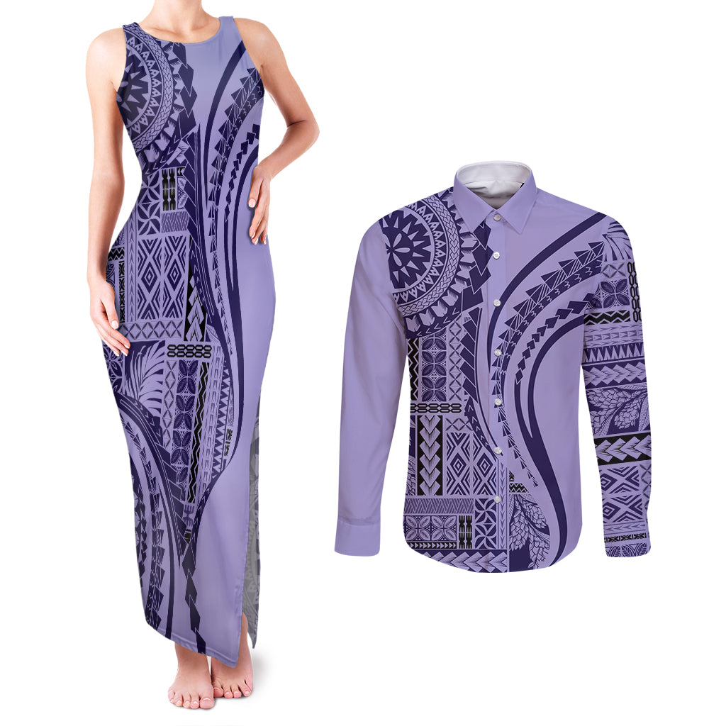 Samoa Siapo Arty Couples Matching Tank Maxi Dress and Long Sleeve Button Shirt Purple Style LT9 - Wonder Print Shop