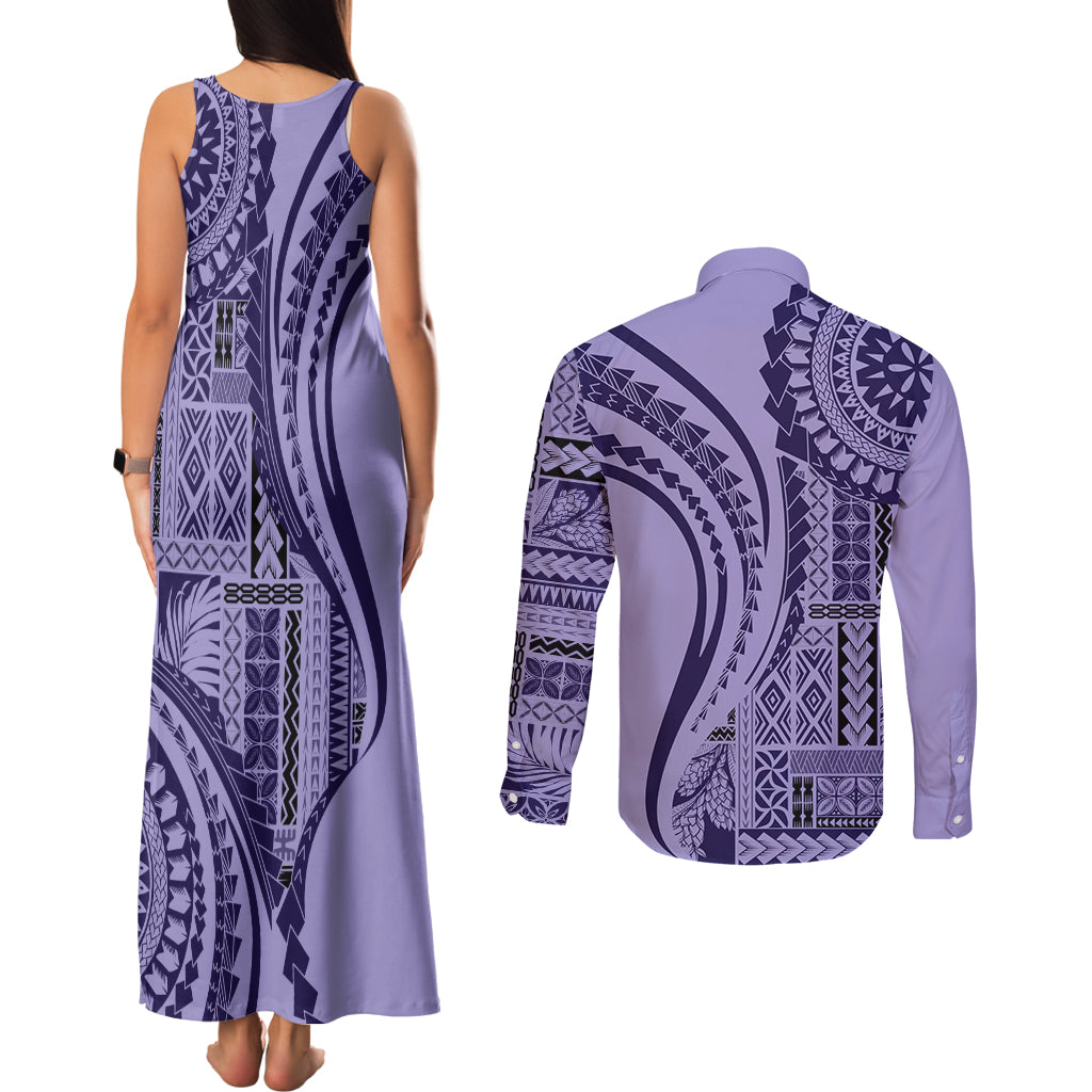 Samoa Siapo Arty Couples Matching Tank Maxi Dress and Long Sleeve Button Shirt Purple Style LT9 - Wonder Print Shop