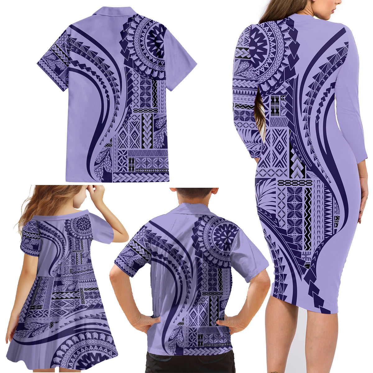 Samoa Siapo Arty Family Matching Long Sleeve Bodycon Dress and Hawaiian Shirt Purple Style LT9 - Wonder Print Shop