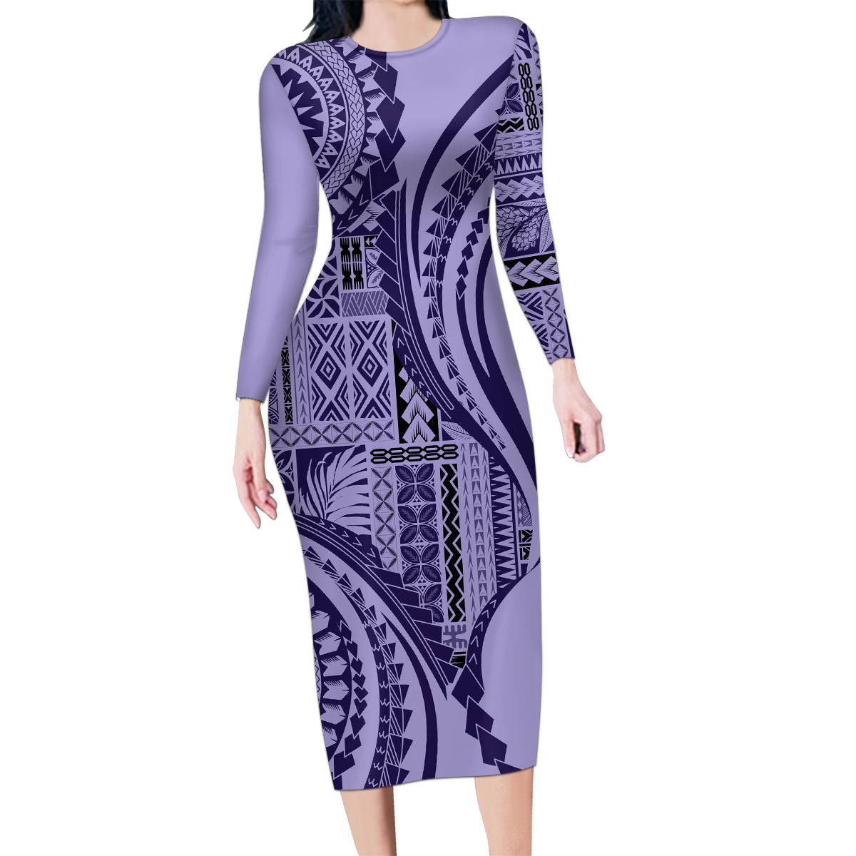 Samoa Siapo Arty Family Matching Long Sleeve Bodycon Dress and Hawaiian Shirt Purple Style LT9 - Wonder Print Shop