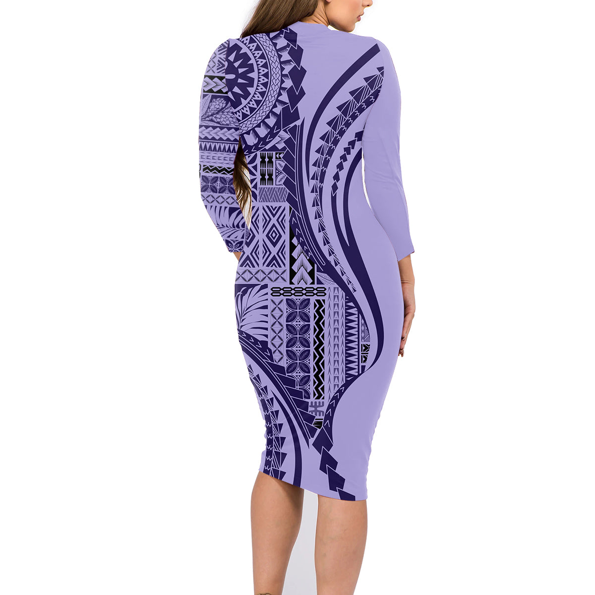 Samoa Siapo Arty Family Matching Long Sleeve Bodycon Dress and Hawaiian Shirt Purple Style LT9 - Wonder Print Shop