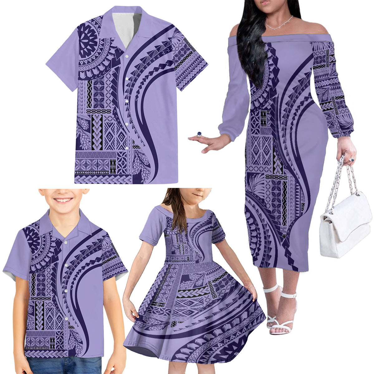 Samoa Siapo Arty Family Matching Off Shoulder Long Sleeve Dress and Hawaiian Shirt Purple Style - Wonder Print Shop