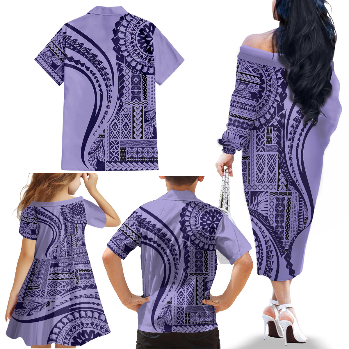Samoa Siapo Arty Family Matching Off Shoulder Long Sleeve Dress and Hawaiian Shirt Purple Style - Wonder Print Shop