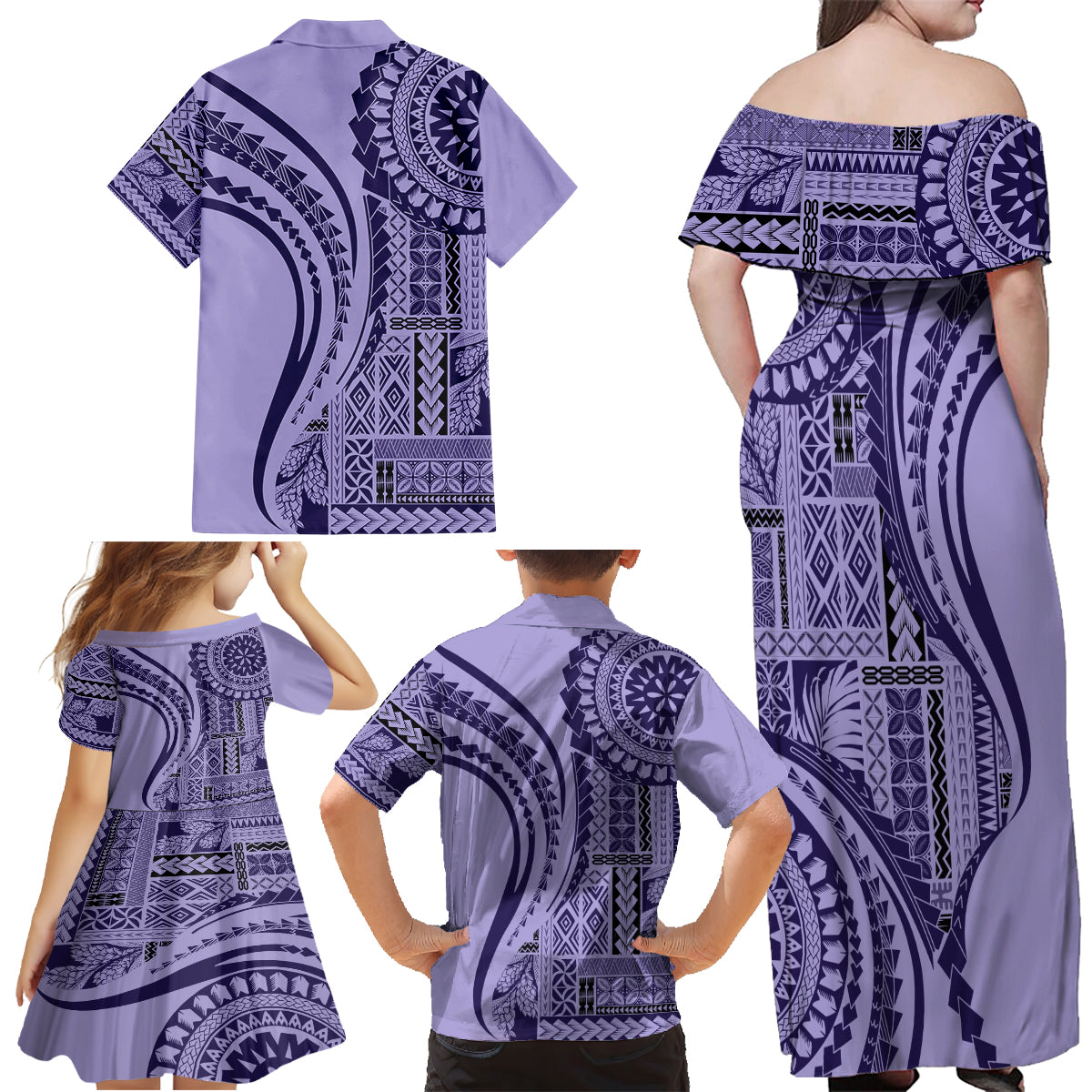 Samoa Siapo Arty Family Matching Off Shoulder Maxi Dress and Hawaiian Shirt Purple Style LT9 - Wonder Print Shop