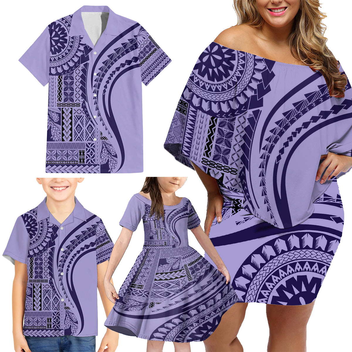 Samoa Siapo Arty Family Matching Off Shoulder Short Dress and Hawaiian Shirt Purple Style LT9 - Wonder Print Shop