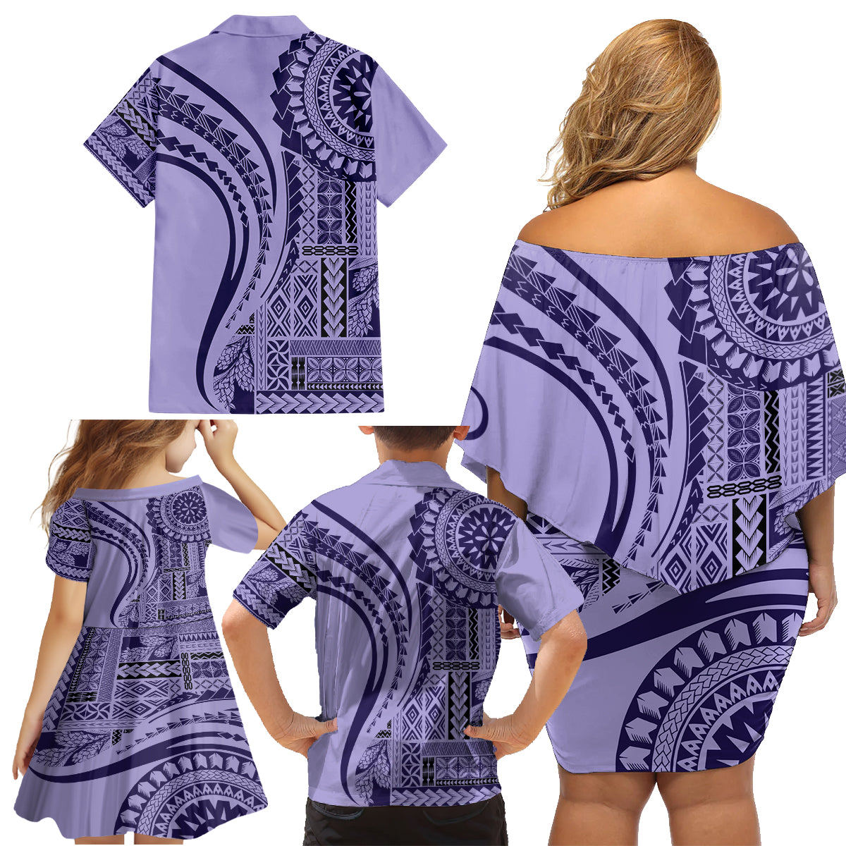 Samoa Siapo Arty Family Matching Off Shoulder Short Dress and Hawaiian Shirt Purple Style LT9 - Wonder Print Shop