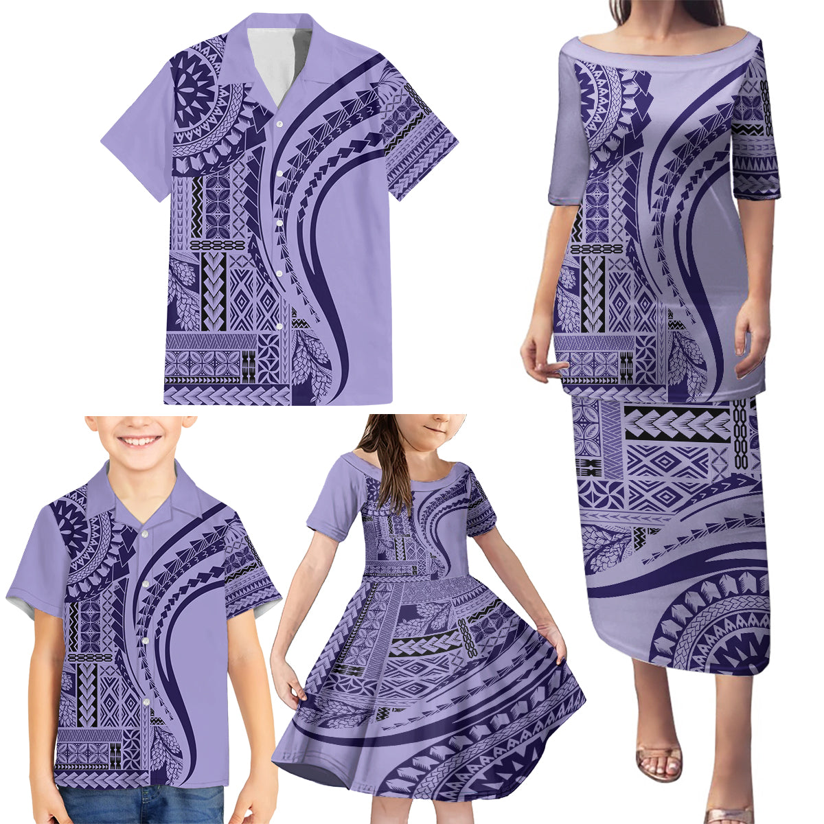 Samoa Siapo Arty Family Matching Puletasi Dress and Hawaiian Shirt Purple Style - Wonder Print Shop