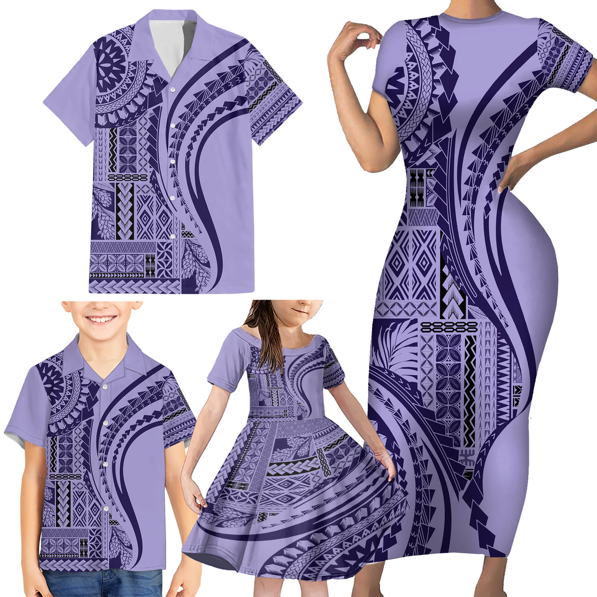 Samoa Siapo Arty Family Matching Short Sleeve Bodycon Dress and Hawaiian Shirt Purple Style - Wonder Print Shop
