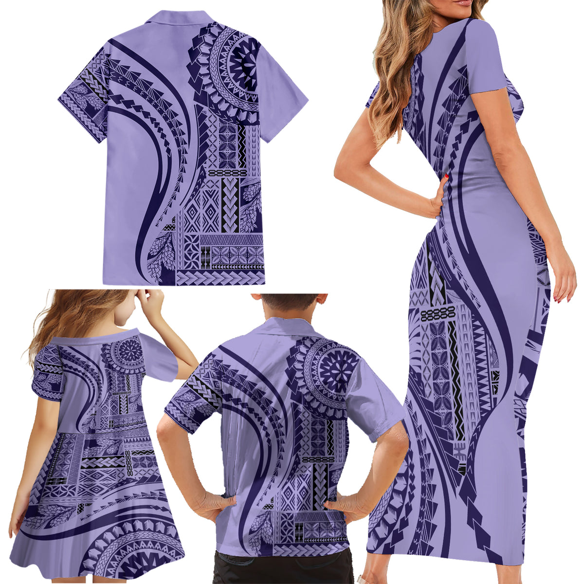 Samoa Siapo Arty Family Matching Short Sleeve Bodycon Dress and Hawaiian Shirt Purple Style - Wonder Print Shop