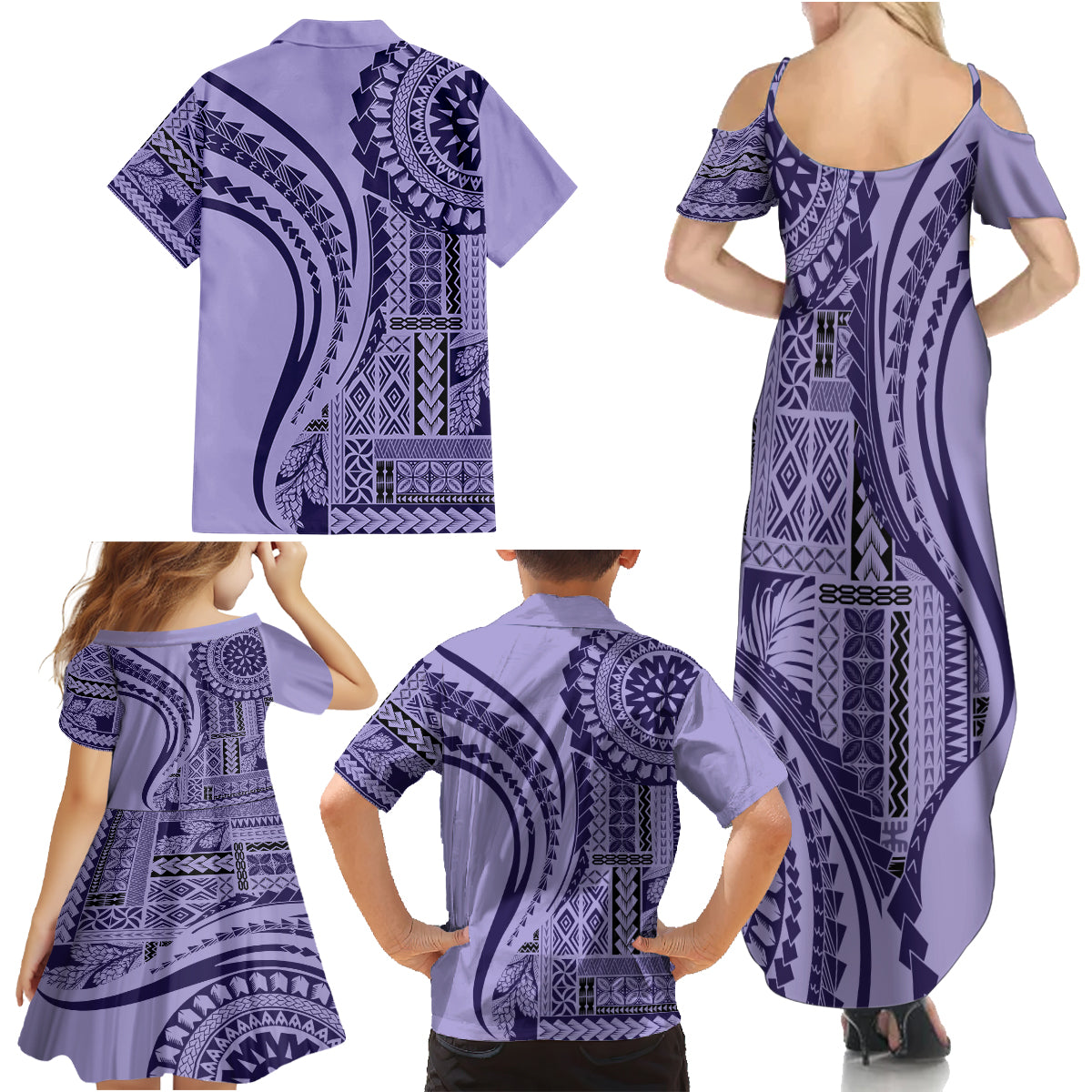 Samoa Siapo Arty Family Matching Summer Maxi Dress and Hawaiian Shirt Purple Style - Wonder Print Shop
