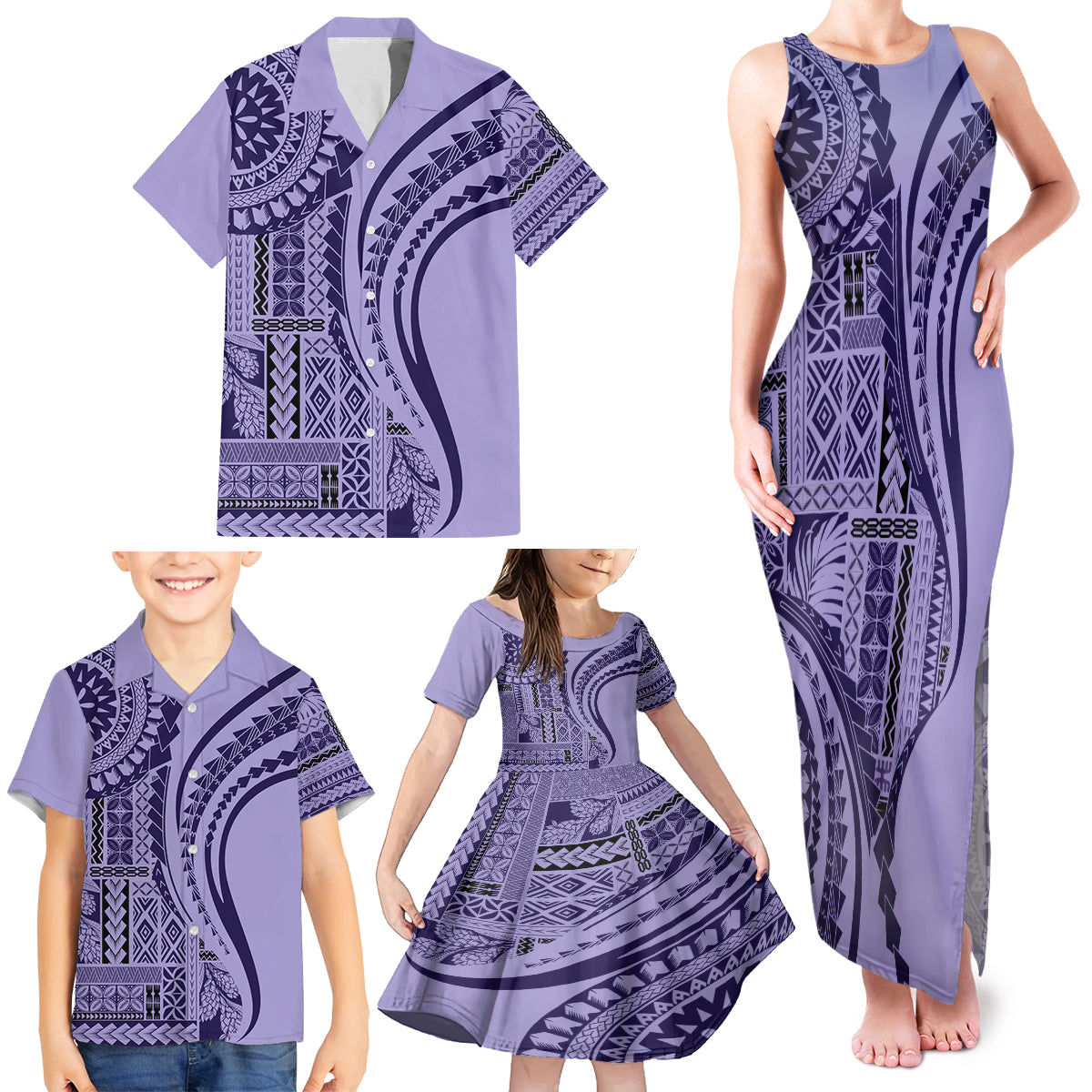 Samoa Siapo Arty Family Matching Tank Maxi Dress and Hawaiian Shirt Purple Style - Wonder Print Shop