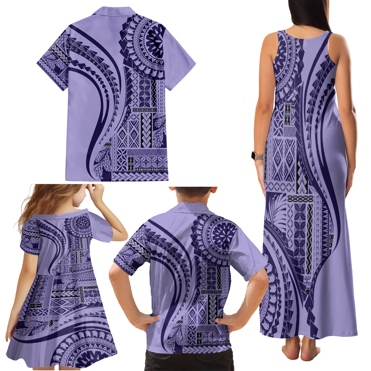 Samoa Siapo Arty Family Matching Tank Maxi Dress and Hawaiian Shirt Purple Style - Wonder Print Shop