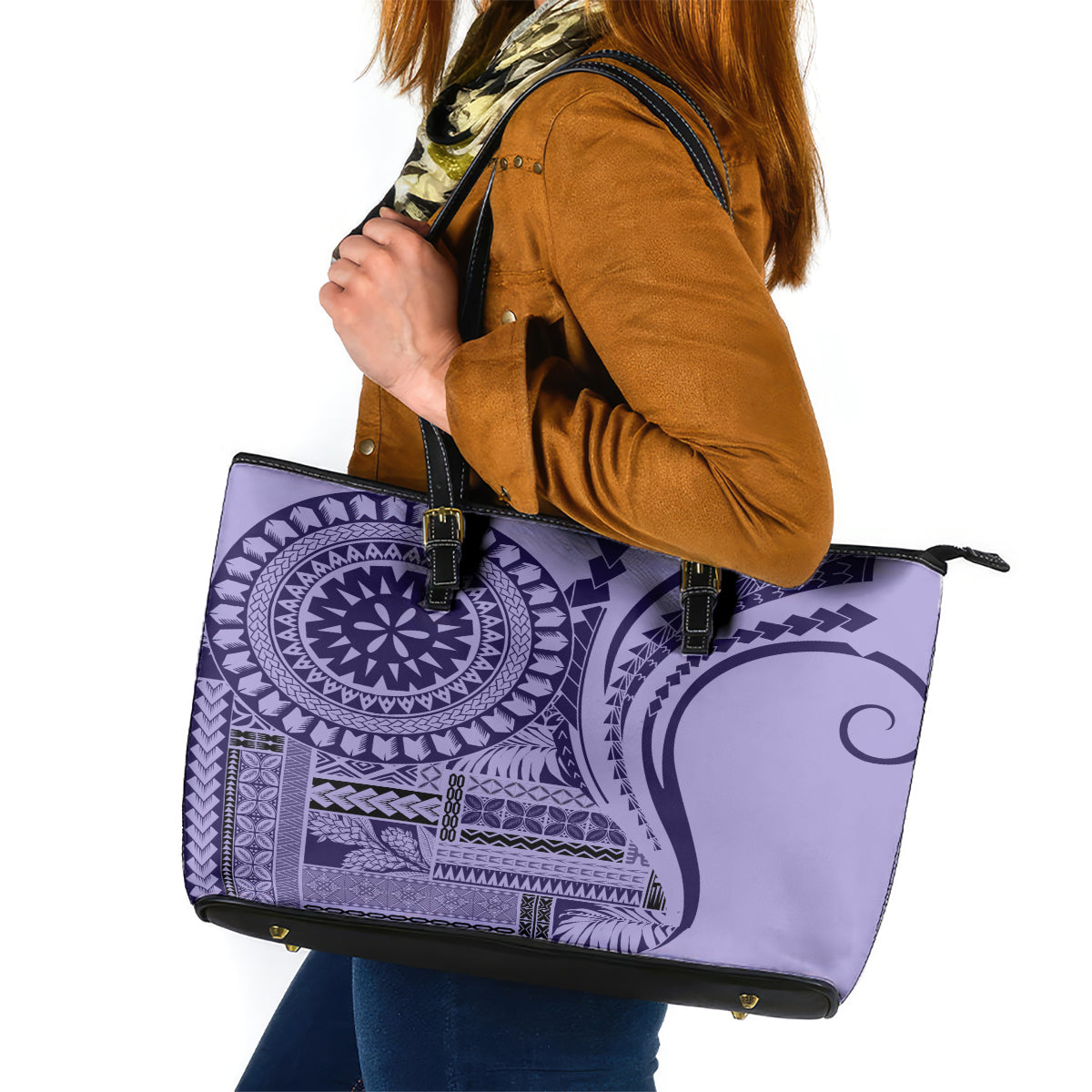 Samoa Siapo Arty Leather Tote Bag Purple Style - Wonder Print Shop