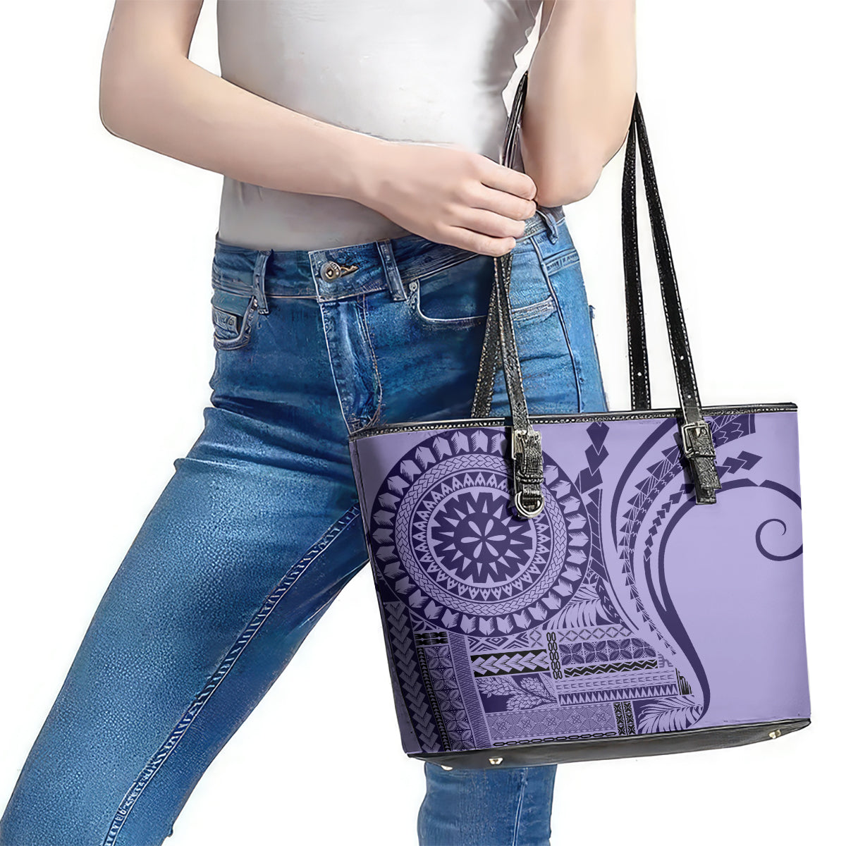 Samoa Siapo Arty Leather Tote Bag Purple Style - Wonder Print Shop