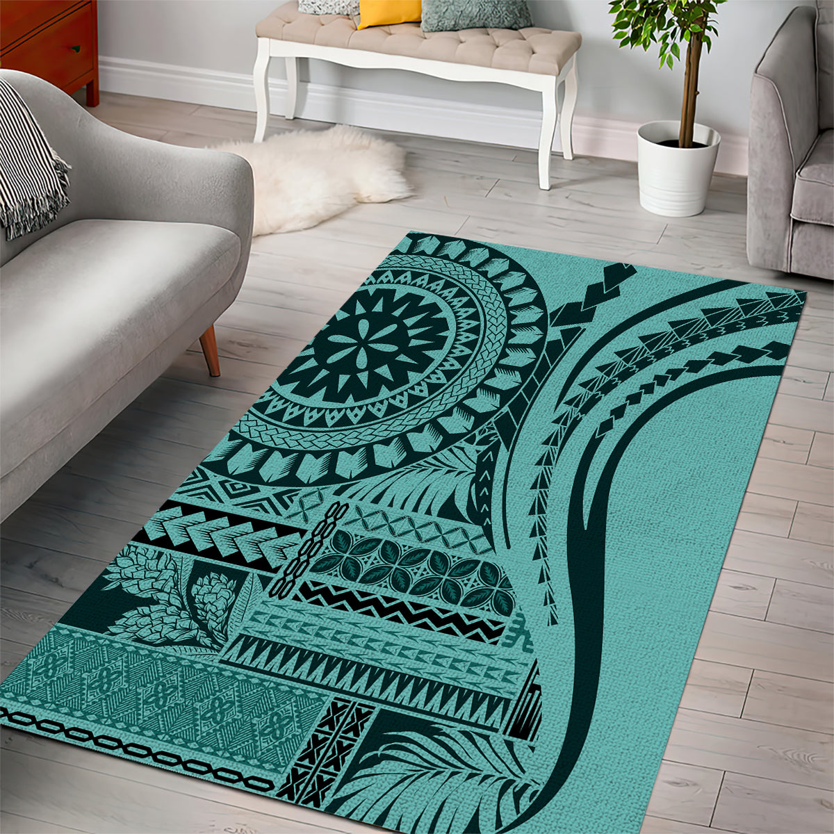 Samoa Siapo Arty Area Rug Turquoise Style LT9 - Wonder Print Shop