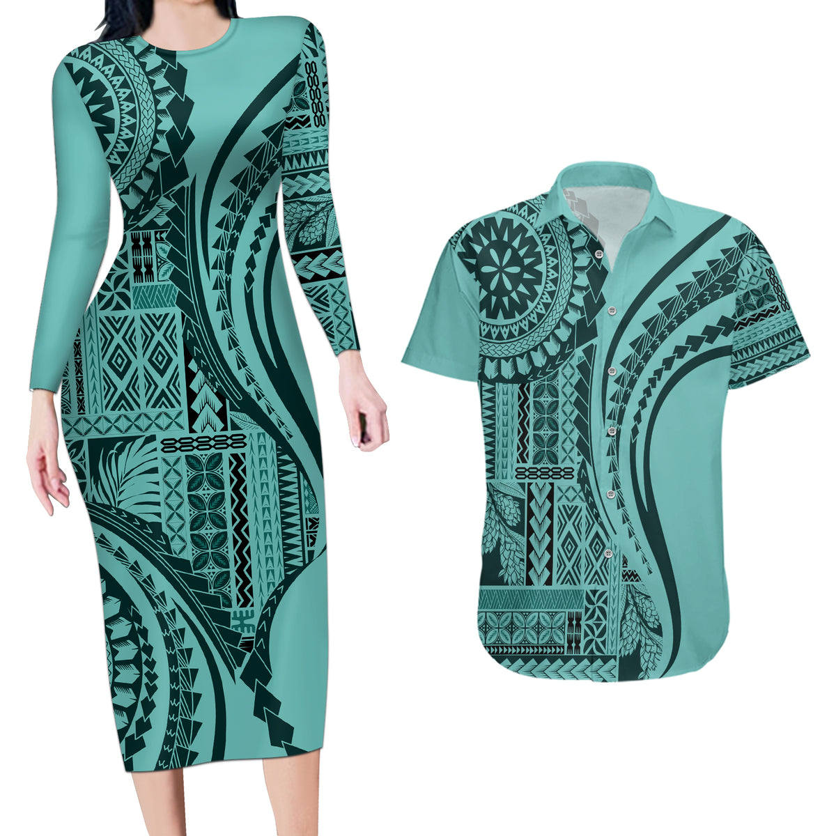 Samoa Siapo Arty Couples Matching Long Sleeve Bodycon Dress and Hawaiian Shirt Turquoise Style LT9 - Wonder Print Shop