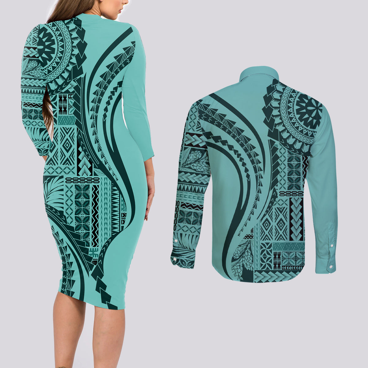Samoa Siapo Arty Couples Matching Long Sleeve Bodycon Dress and Long Sleeve Button Shirt Turquoise Style LT9 - Wonder Print Shop