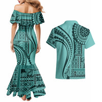 Samoa Siapo Arty Couples Matching Mermaid Dress and Hawaiian Shirt Turquoise Style LT9 - Wonder Print Shop