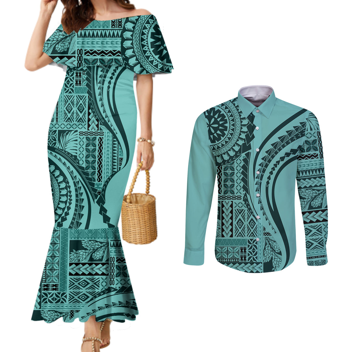 samoa-siapo-arty-couples-matching-mermaid-dress-and-long-sleeve-button-shirt-turquoise-style