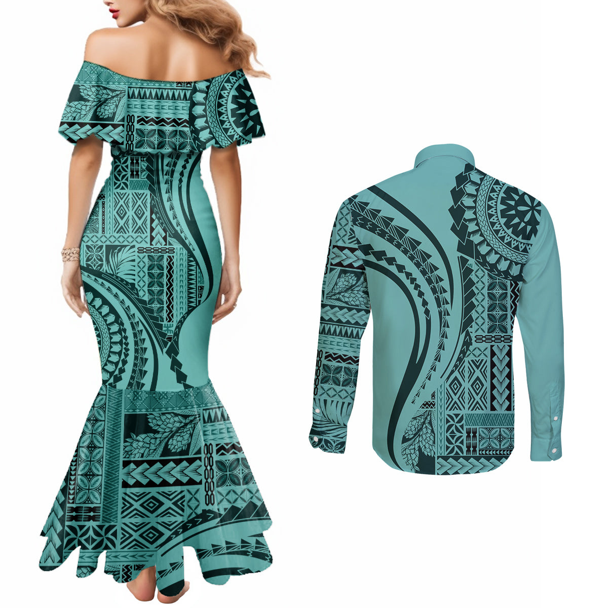 samoa-siapo-arty-couples-matching-mermaid-dress-and-long-sleeve-button-shirt-turquoise-style