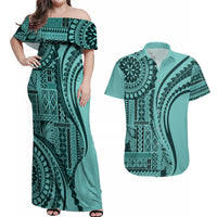Samoa Siapo Arty Couples Matching Off Shoulder Maxi Dress and Hawaiian Shirt Turquoise Style LT9 - Wonder Print Shop