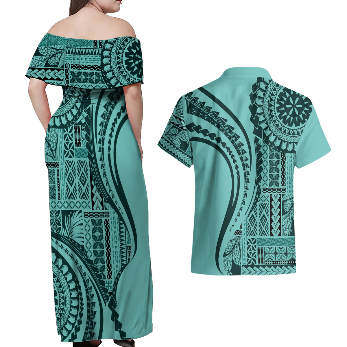 Samoa Siapo Arty Couples Matching Off Shoulder Maxi Dress and Hawaiian Shirt Turquoise Style LT9 - Wonder Print Shop