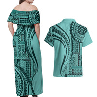 Samoa Siapo Arty Couples Matching Off Shoulder Maxi Dress and Hawaiian Shirt Turquoise Style LT9 - Wonder Print Shop