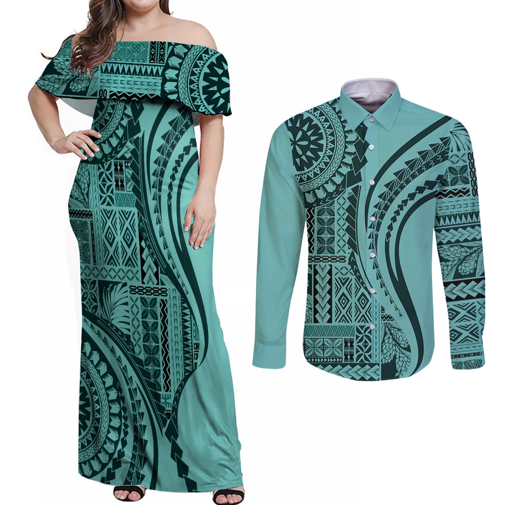 Samoa Siapo Arty Couples Matching Off Shoulder Maxi Dress and Long Sleeve Button Shirt Turquoise Style LT9 - Wonder Print Shop