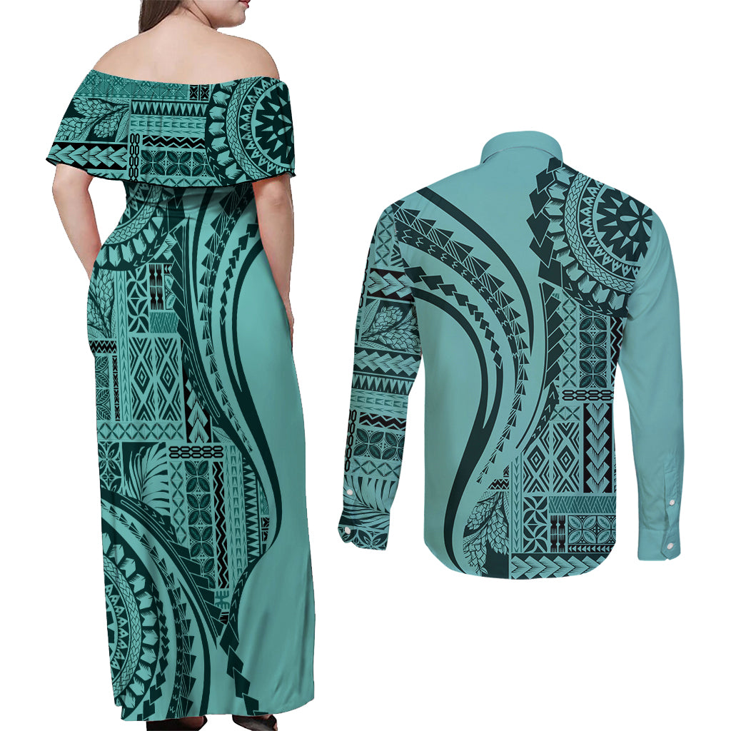 Samoa Siapo Arty Couples Matching Off Shoulder Maxi Dress and Long Sleeve Button Shirt Turquoise Style LT9 - Wonder Print Shop