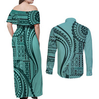 Samoa Siapo Arty Couples Matching Off Shoulder Maxi Dress and Long Sleeve Button Shirt Turquoise Style LT9 - Wonder Print Shop