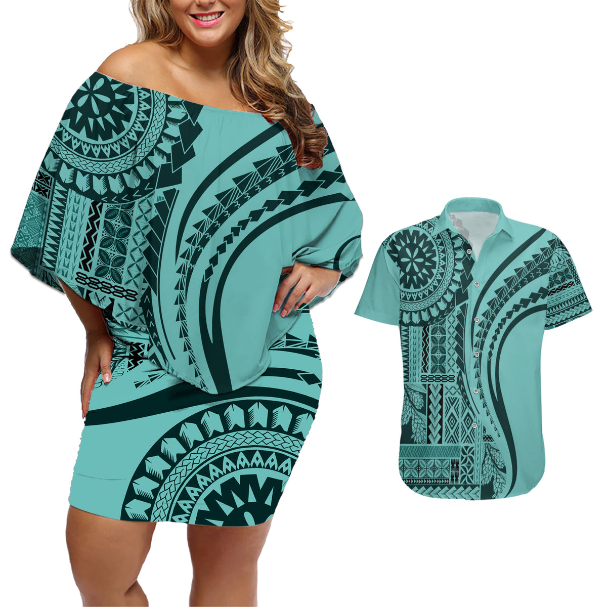 Samoa Siapo Arty Couples Matching Off Shoulder Short Dress and Hawaiian Shirt Turquoise Style LT9 - Wonder Print Shop