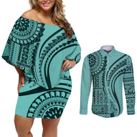 Samoa Siapo Arty Couples Matching Off Shoulder Short Dress and Long Sleeve Button Shirt Turquoise Style LT9 - Wonder Print Shop