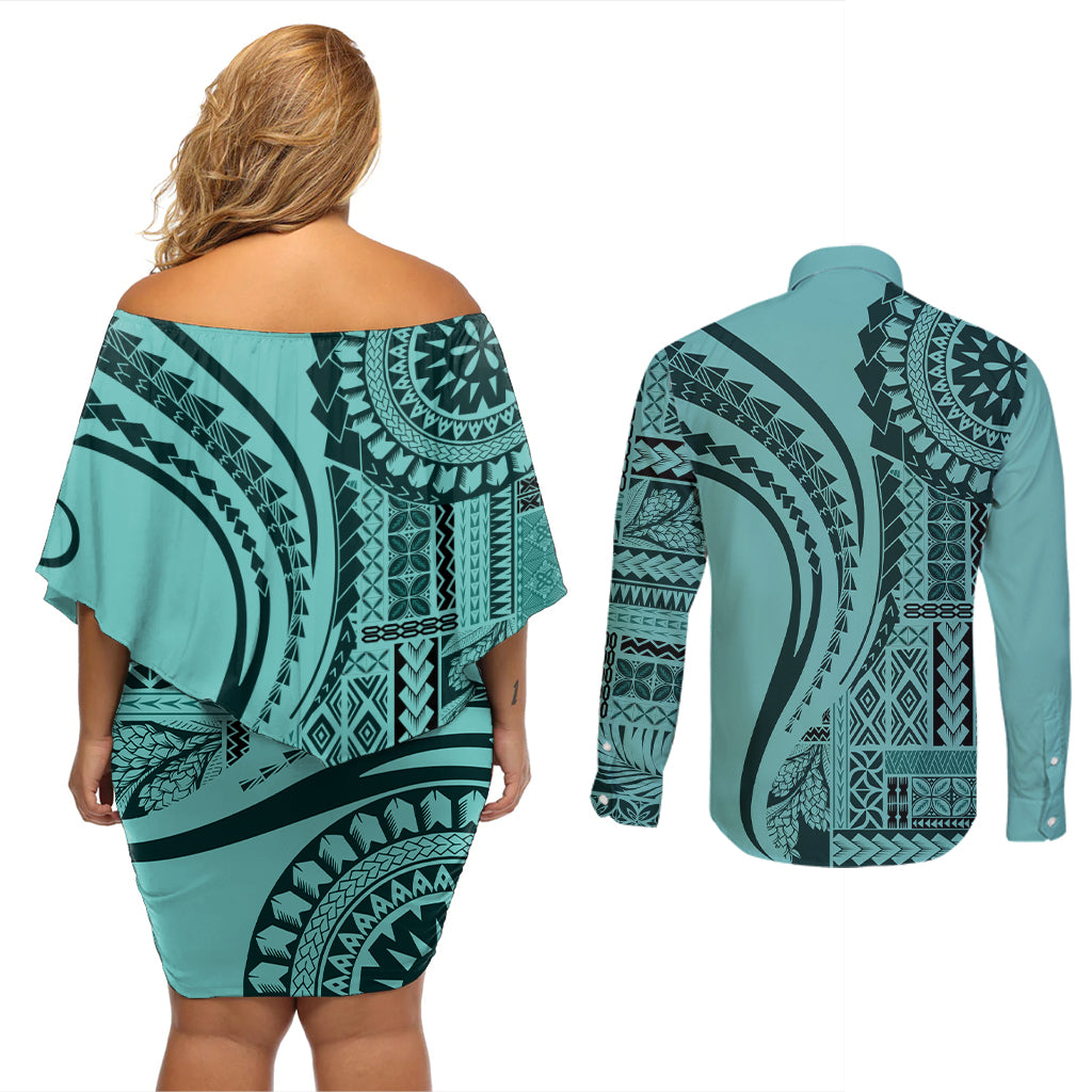Samoa Siapo Arty Couples Matching Off Shoulder Short Dress and Long Sleeve Button Shirt Turquoise Style LT9 - Wonder Print Shop