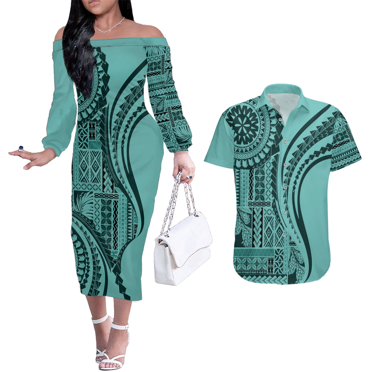 Samoa Siapo Arty Couples Matching Off The Shoulder Long Sleeve Dress and Hawaiian Shirt Turquoise Style LT9 - Wonder Print Shop
