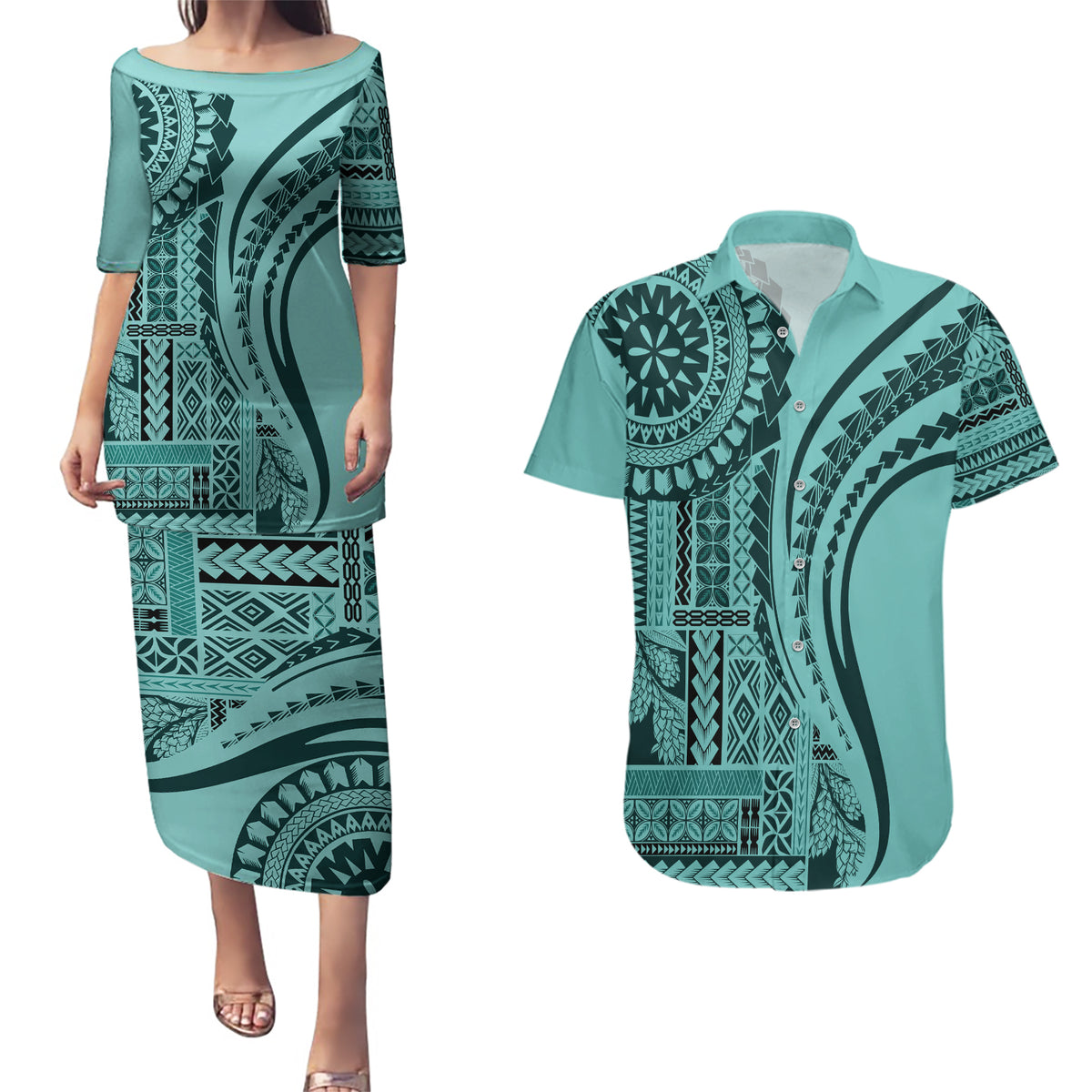 Samoa Siapo Arty Couples Matching Puletasi Dress and Hawaiian Shirt Turquoise Style LT9 - Wonder Print Shop