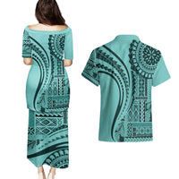 Samoa Siapo Arty Couples Matching Puletasi Dress and Hawaiian Shirt Turquoise Style LT9 - Wonder Print Shop