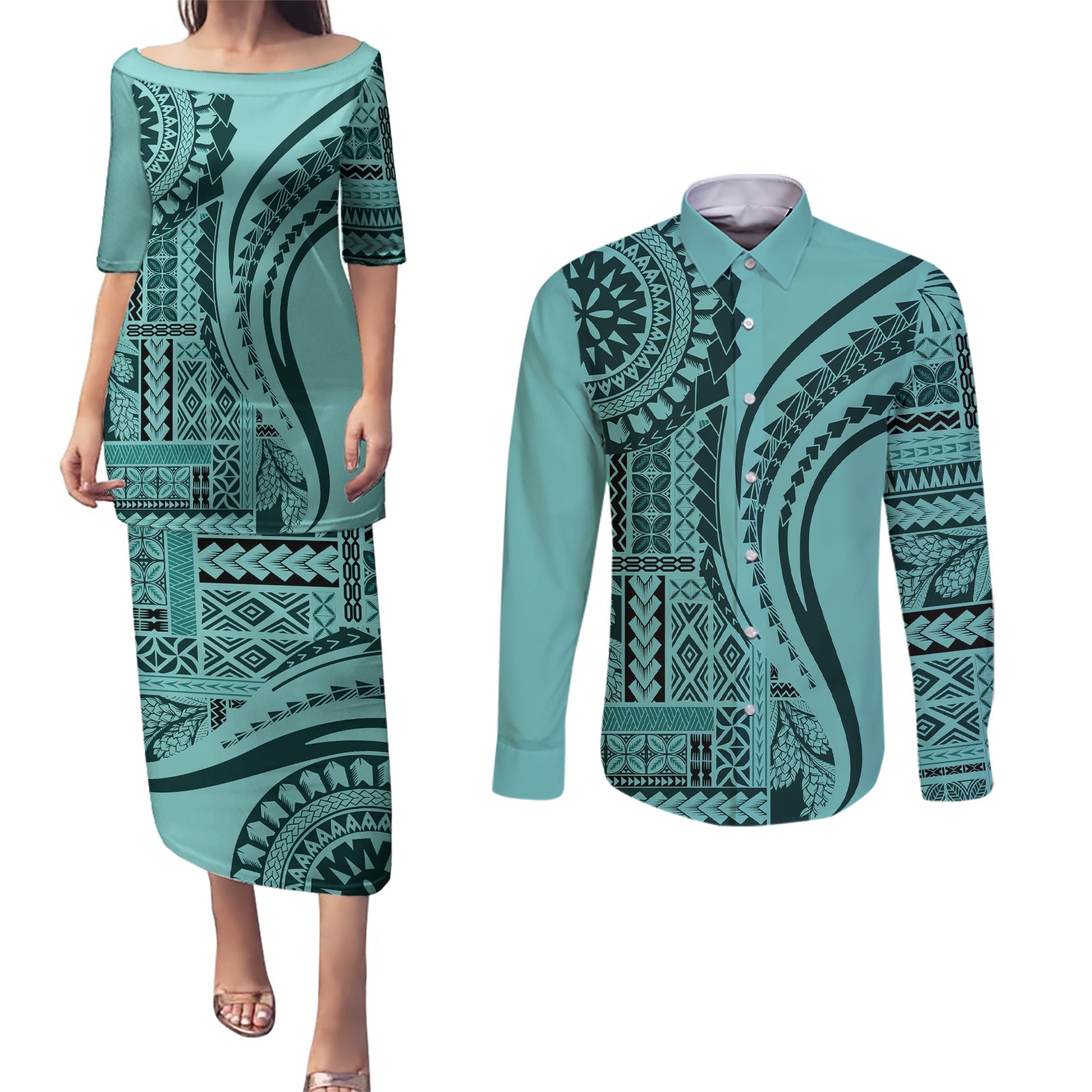 Samoa Siapo Arty Couples Matching Puletasi Dress and Long Sleeve Button Shirt Turquoise Style LT9 - Wonder Print Shop