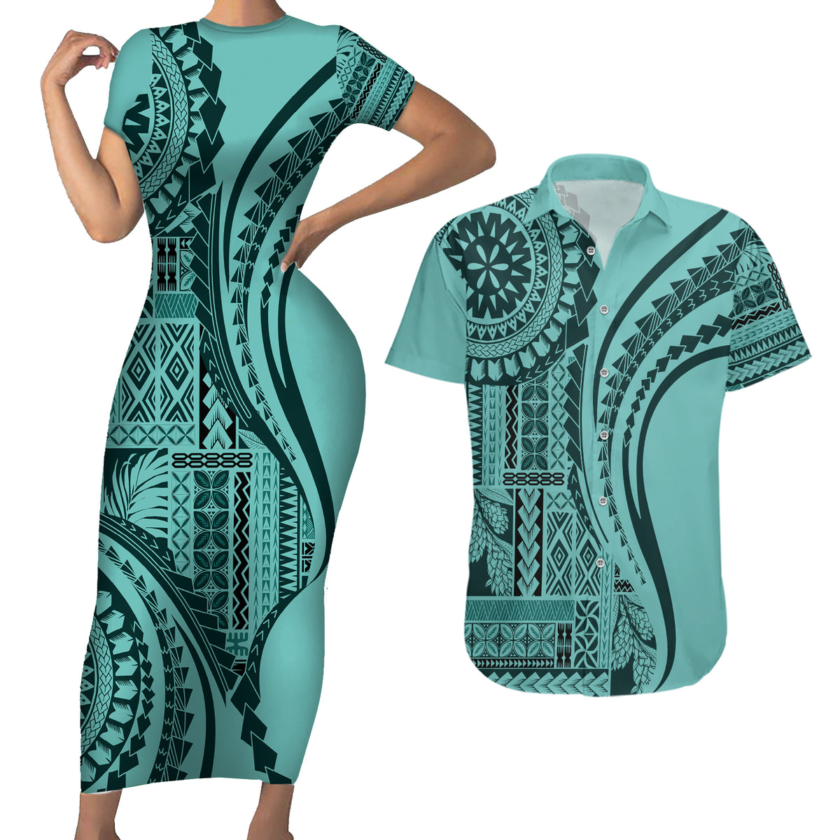Samoa Siapo Arty Couples Matching Short Sleeve Bodycon Dress and Hawaiian Shirt Turquoise Style LT9 - Wonder Print Shop