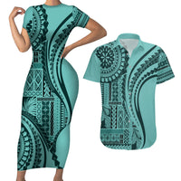Samoa Siapo Arty Couples Matching Short Sleeve Bodycon Dress and Hawaiian Shirt Turquoise Style LT9 - Wonder Print Shop