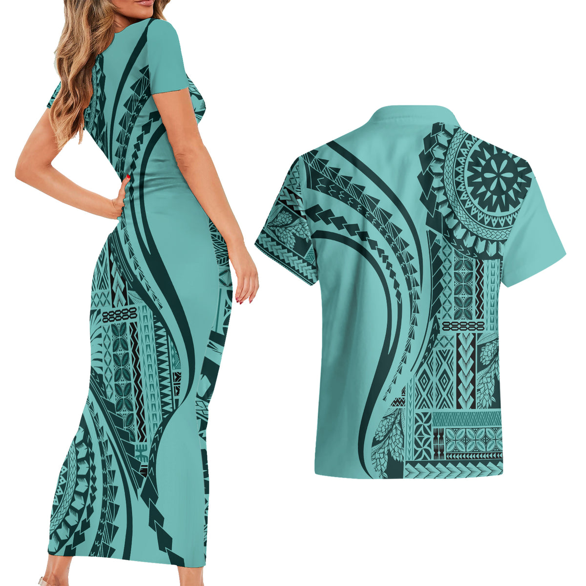 Samoa Siapo Arty Couples Matching Short Sleeve Bodycon Dress and Hawaiian Shirt Turquoise Style LT9 - Wonder Print Shop