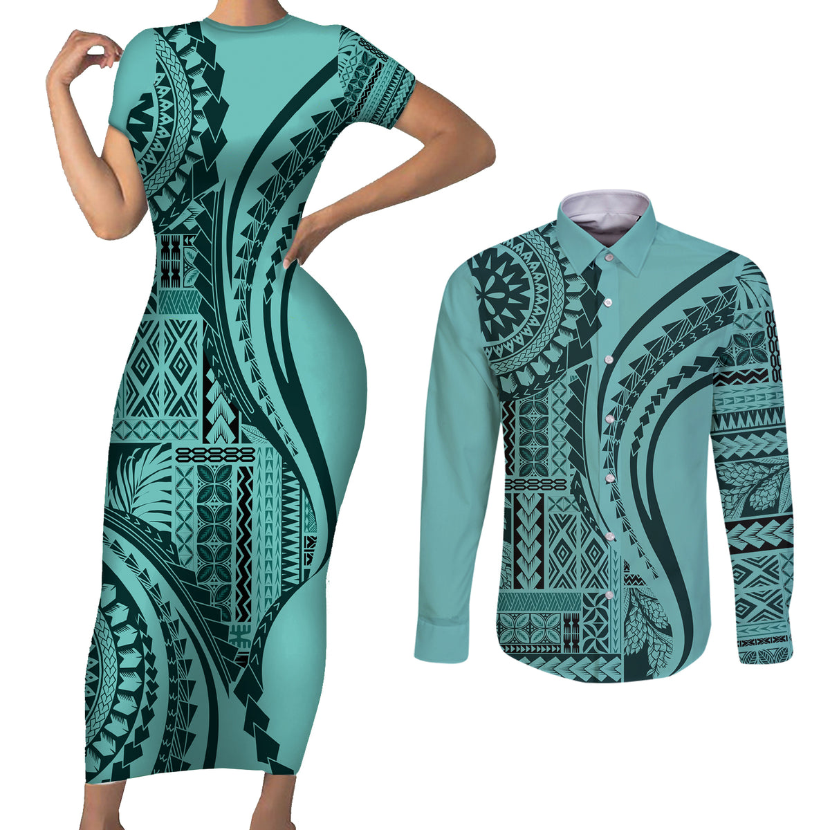 Samoa Siapo Arty Couples Matching Short Sleeve Bodycon Dress and Long Sleeve Button Shirt Turquoise Style LT9 - Wonder Print Shop